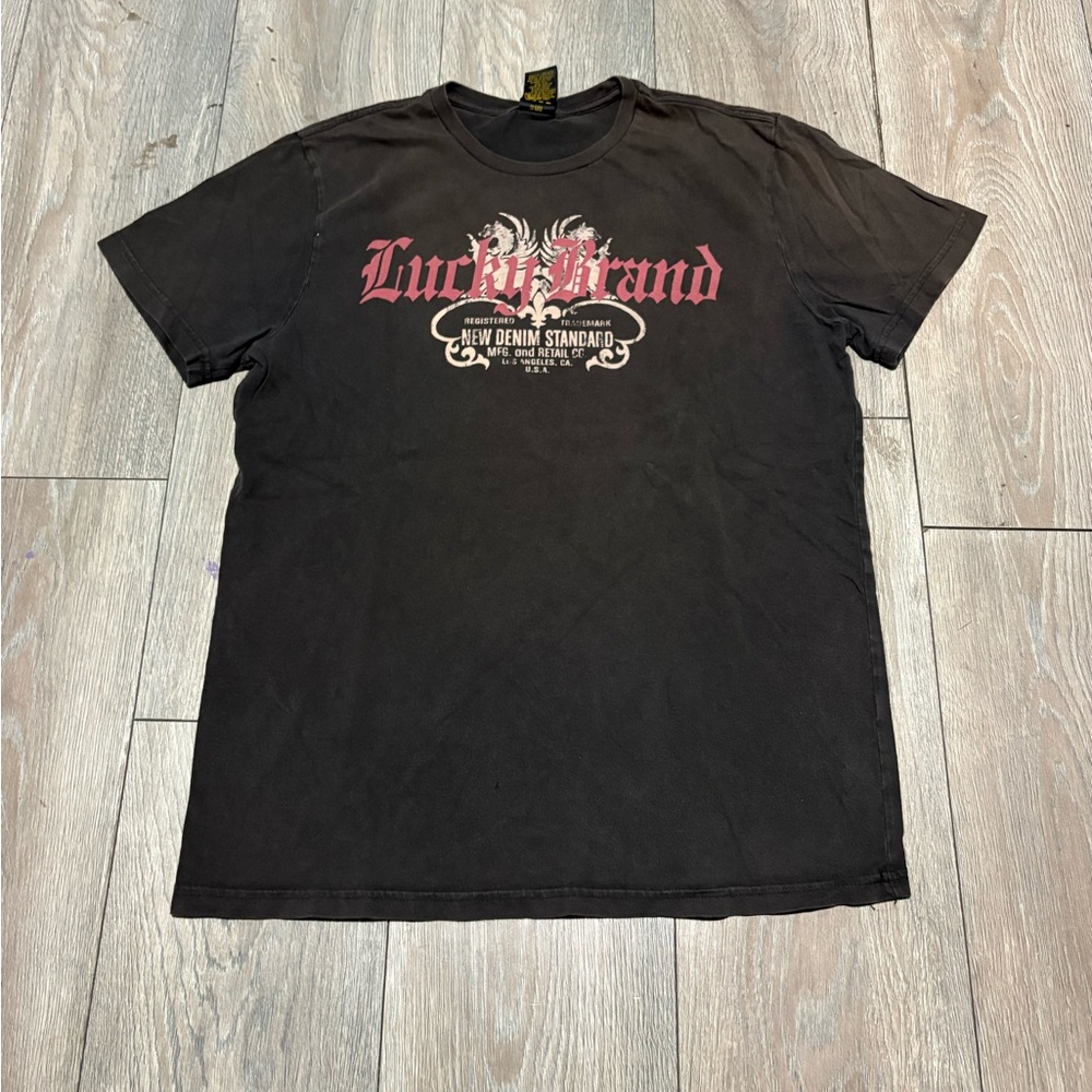 Vintage Men’s Y2K Lucky Brand Brown Short Sleeve Shirt Graphic Size Large